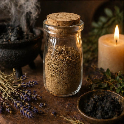 Flacon de Poudre Spirituelle Brise-Tout entouré de fumée, bougie et plantes, pour accompagner les rituels de fumigation et de purification énergétique