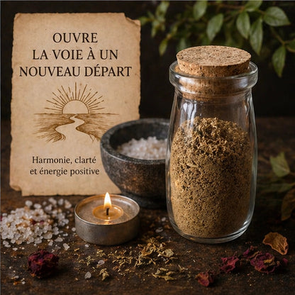 Poudre Spirituelle Brise-Tout dans une ambiance rituelle avec bougie, sel et message de nouveau départ, pour retrouver clarté, harmonie et énergie positive