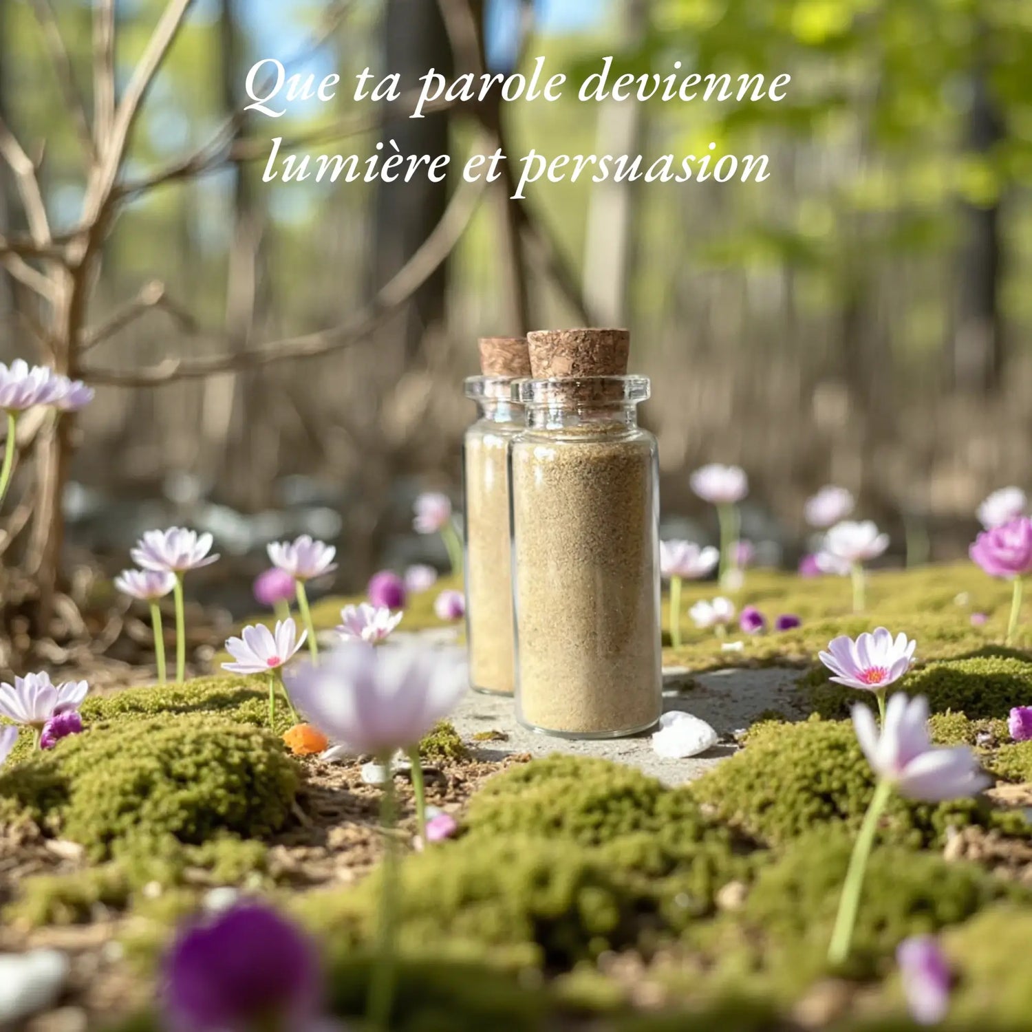 Image de deux flacons de la poudre de parole. On peut lire le message "Que ta parole devienne lumière et persuasion"