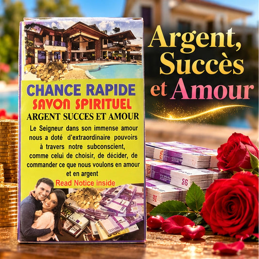 Savon Chance Rapide Argent Succès et Amour présenté avec pièces, billets et roses dans une ambiance lumineuse et prospère.