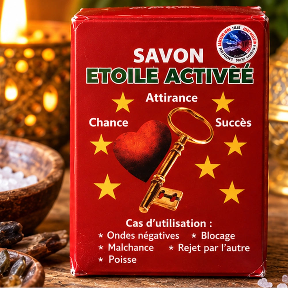 Savon Étoile Activée sur fond chaud et étoilé, avec la boîte rouge mise en avant et le slogan « Réveillez votre étoile ».