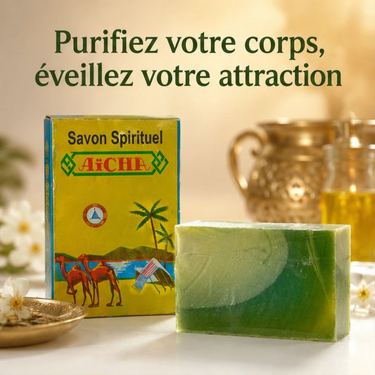 Kit Savon Spirituel Aïcha  vert, scène lumineuse et slogan pour purifier le corps et éveiller l’attraction
