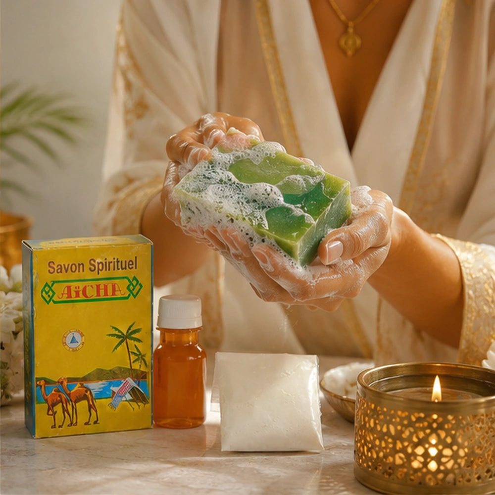 Rituel de soin avec Savon Spirituel Aïcha, mousse dans les mains, flacon ambré et bougie dorée