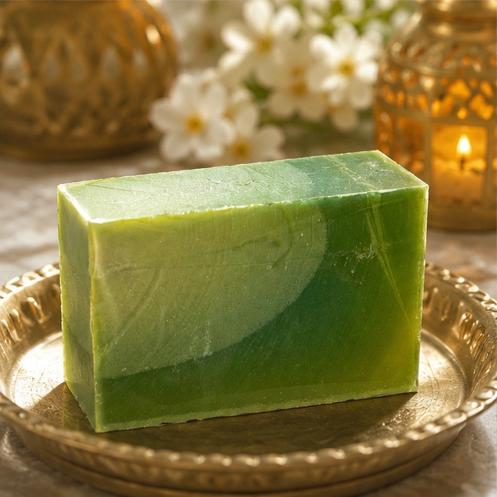 Gros plan du savon vert Aïcha sur plateau doré, ambiance florale douce pour un soin spirituel quotidien