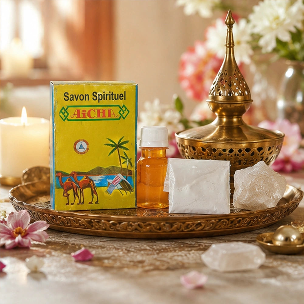 Mise en scène premium du Savon Spirituel Aïcha avec flacon, sachet blanc, cristal et décor rituel lumineux