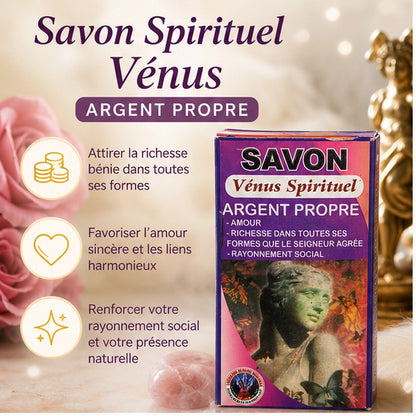 Savon Spirituel Vénus Argent Propre présenté dans une ambiance lumineuse avec les bénéfices richesse bénie, amour sincère et rayonnement social