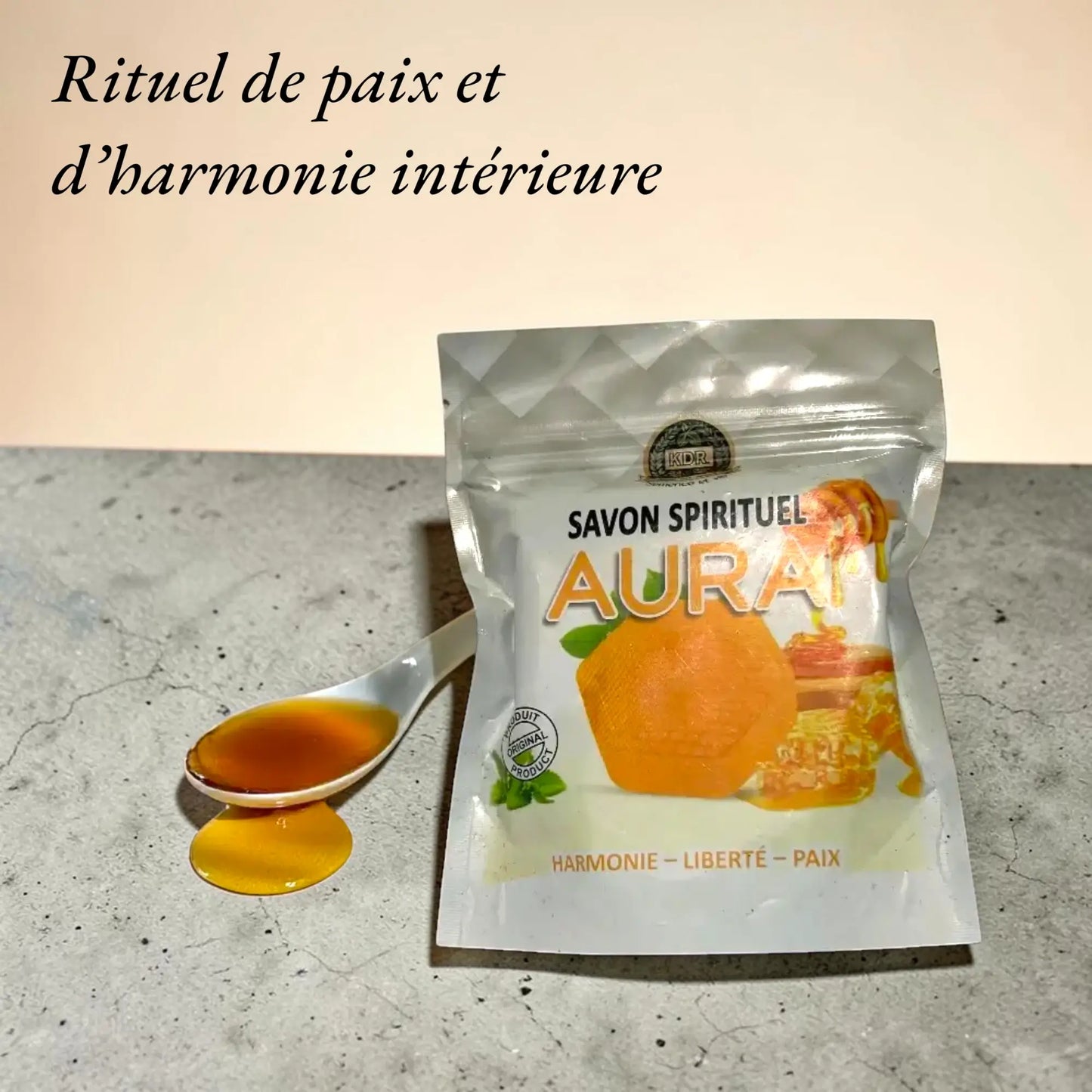 Sachet de savon spirituel Aura avec le slogan "Rituel de paix et d'harmonie intérieure"
