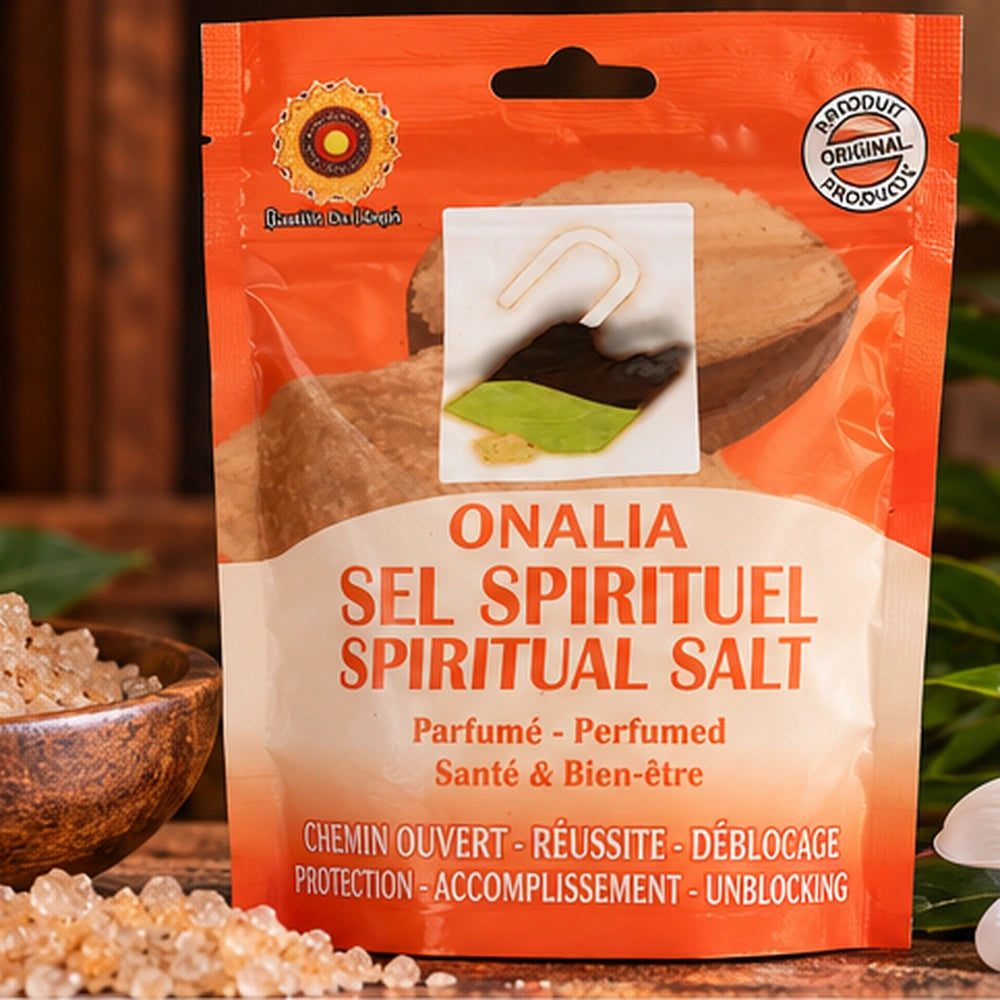 Sel Spirituel Onalia présenté dans une ambiance chaleureuse avec cristaux de sel, feuillage et décor naturel.
