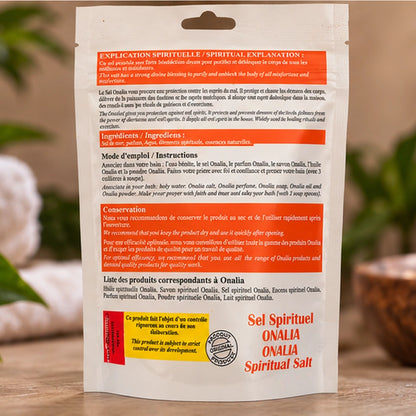 Dos du sachet de Sel Spirituel Onalia présenté dans un décor naturel avec instructions et informations du produit.