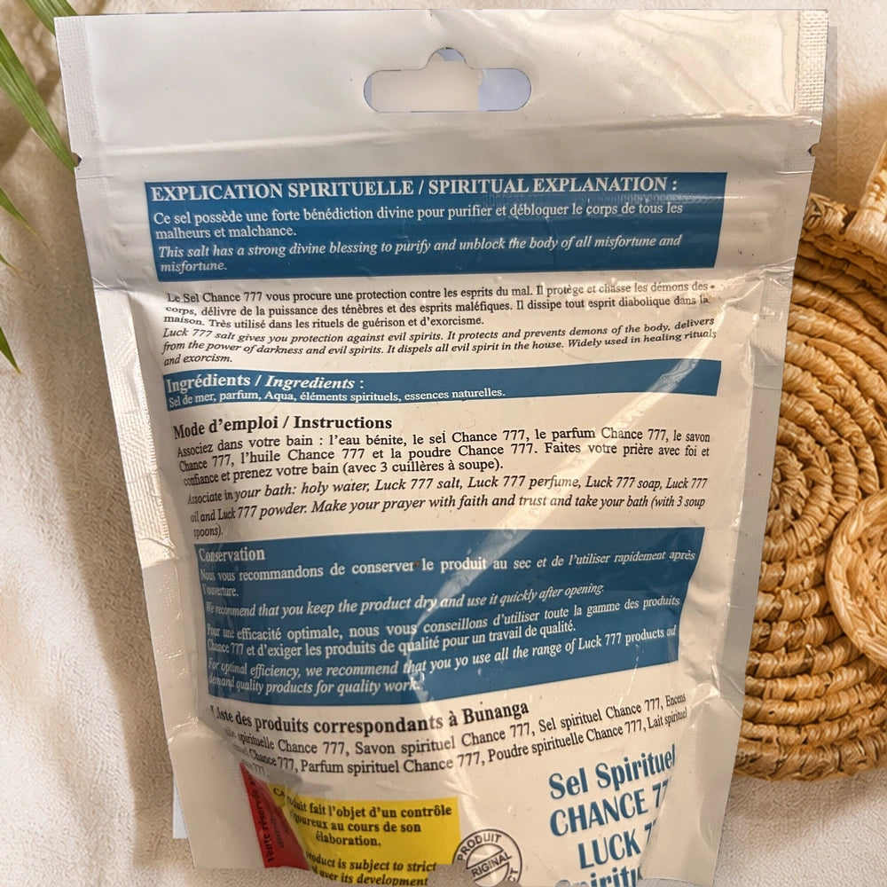 Dos du sachet Sel Spirituel Chance 777 présenté dans un décor premium, avec instructions et informations du produit visibles.