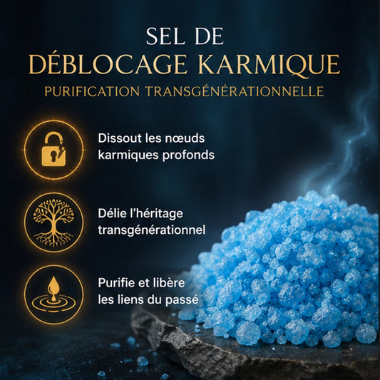 Sel de Déblocage Karmique présenté dans une ambiance mystique avec les principaux bienfaits de purification ancestrale