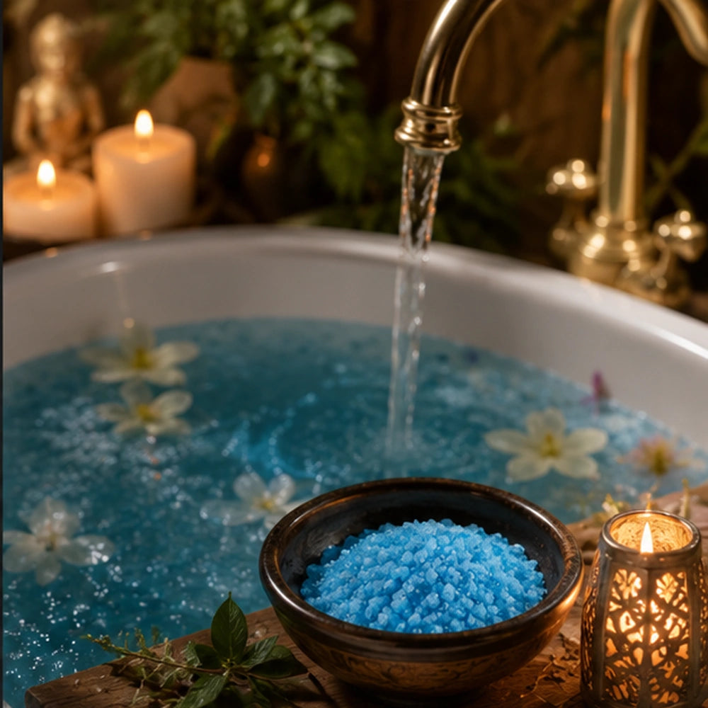 Bain rituel spirituel avec sel bleu de déblocage karmique dans une atmosphère apaisante aux bougies et fleurs