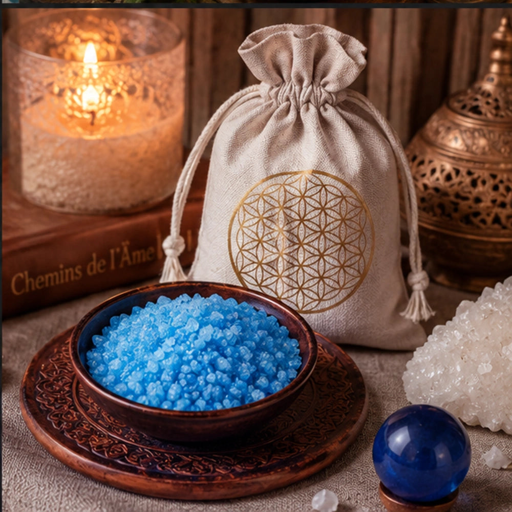 Sel de purification karmique mis en scène avec accessoires spirituels et ambiance énergétique premium chaleureuse