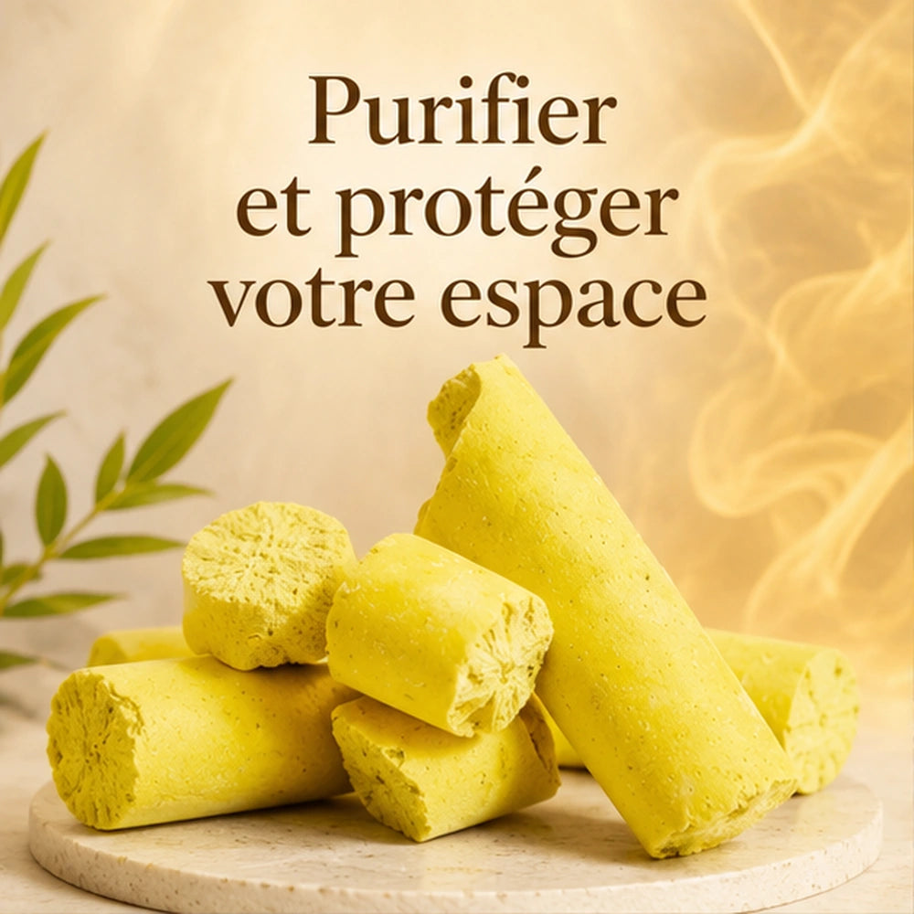 Tubes de soufre jaune Kbrit Asfar sur décor doré, avec slogan de purification et protection de l’espace