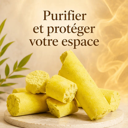 Tubes de soufre jaune Kbrit Asfar sur décor doré, avec slogan de purification et protection de l’espace
