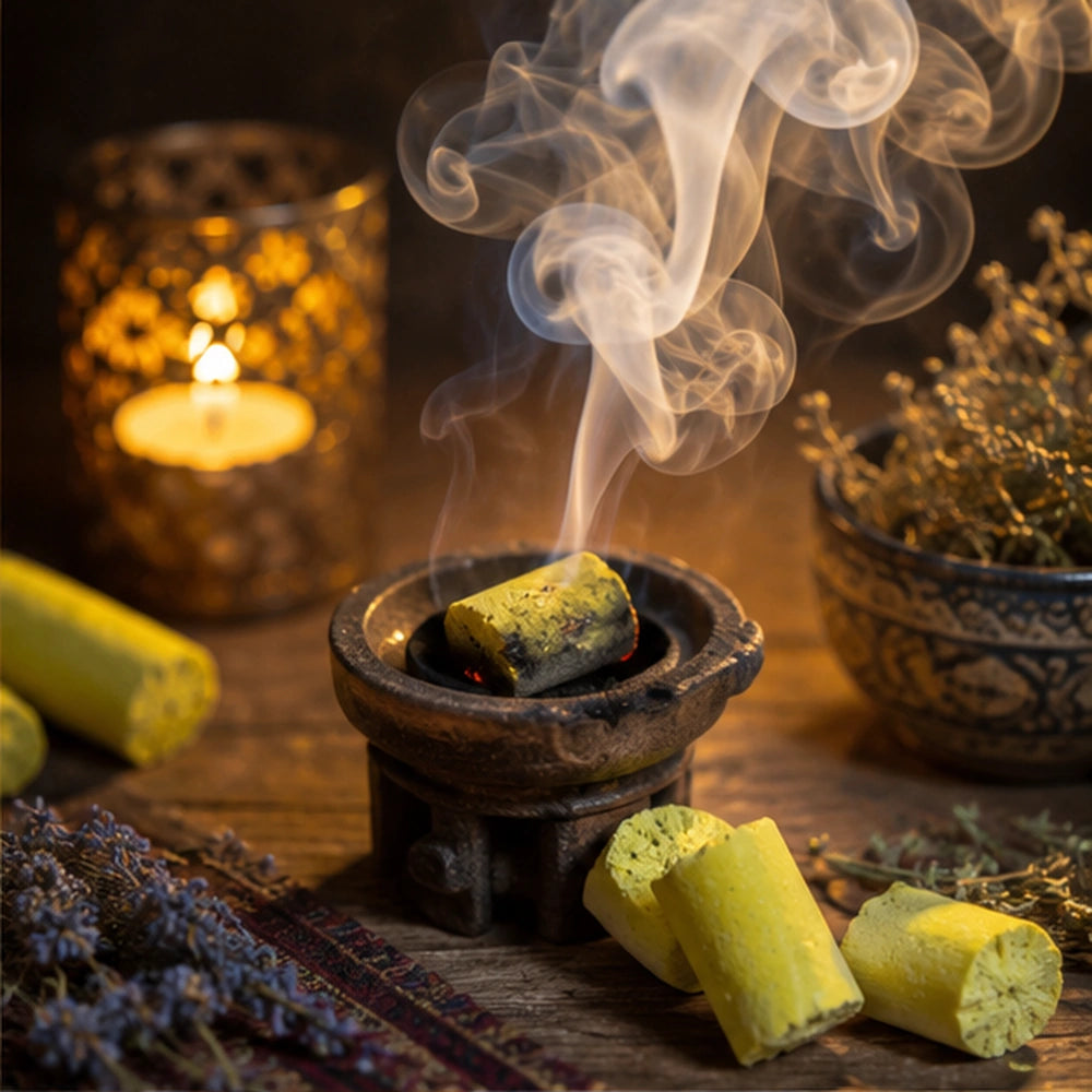 Soufre jaune en fumigation dans un brûleur rituel, entouré d’une bougie et d’herbes séchées apaisantes