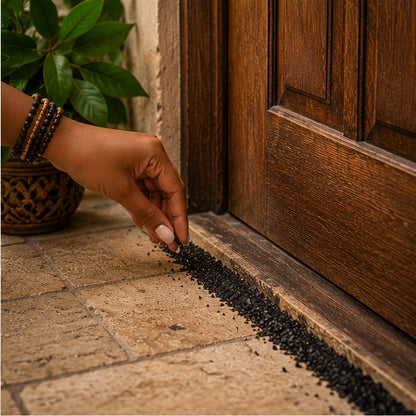 Main de femme traçant une ligne de sel noir devant une porte pour symboliser la protection du foyer