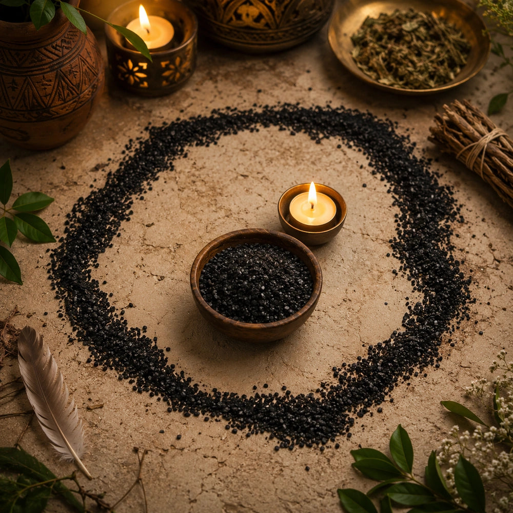 Cercle de sel noir avec bougie et éléments naturels, mise en scène de protection spirituelle douce et lumineuse