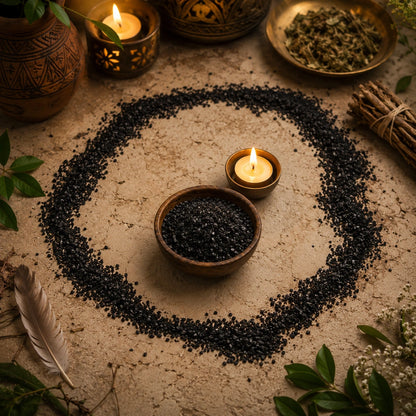 Cercle de sel noir avec bougie et éléments naturels, mise en scène de protection spirituelle douce et lumineuse