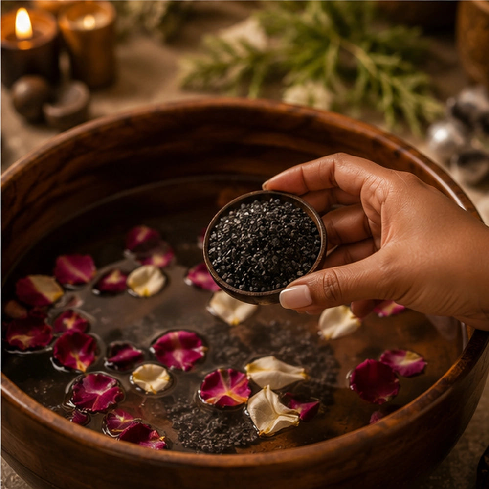 Sel noir versé dans un bain rituel aux pétales, scène apaisante de purification et de protection énergétique