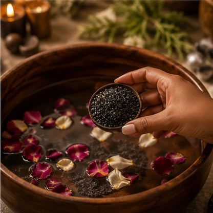 Sel noir versé dans un bain rituel aux pétales, scène apaisante de purification et de protection énergétique