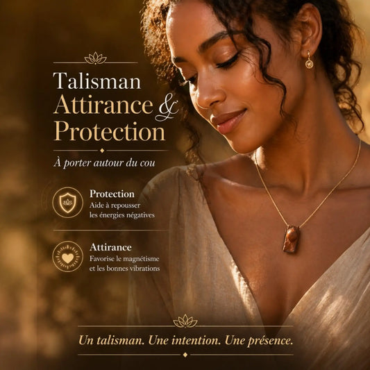 Une jeune femme pensive qui porte une un talisman d'attirance et de protection autour du cou. On peut lire "Un talisman. Une intention. Une présence"