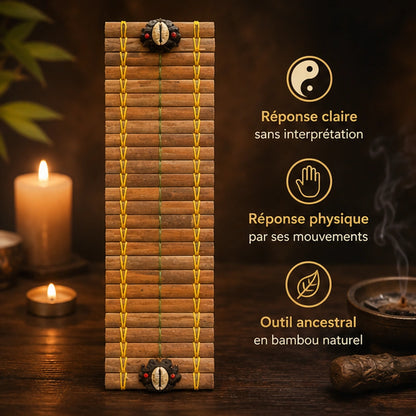 Tapis divinatoire en bambou présenté avec ses bénéfices de réponse claire, physique et ancestrale.
