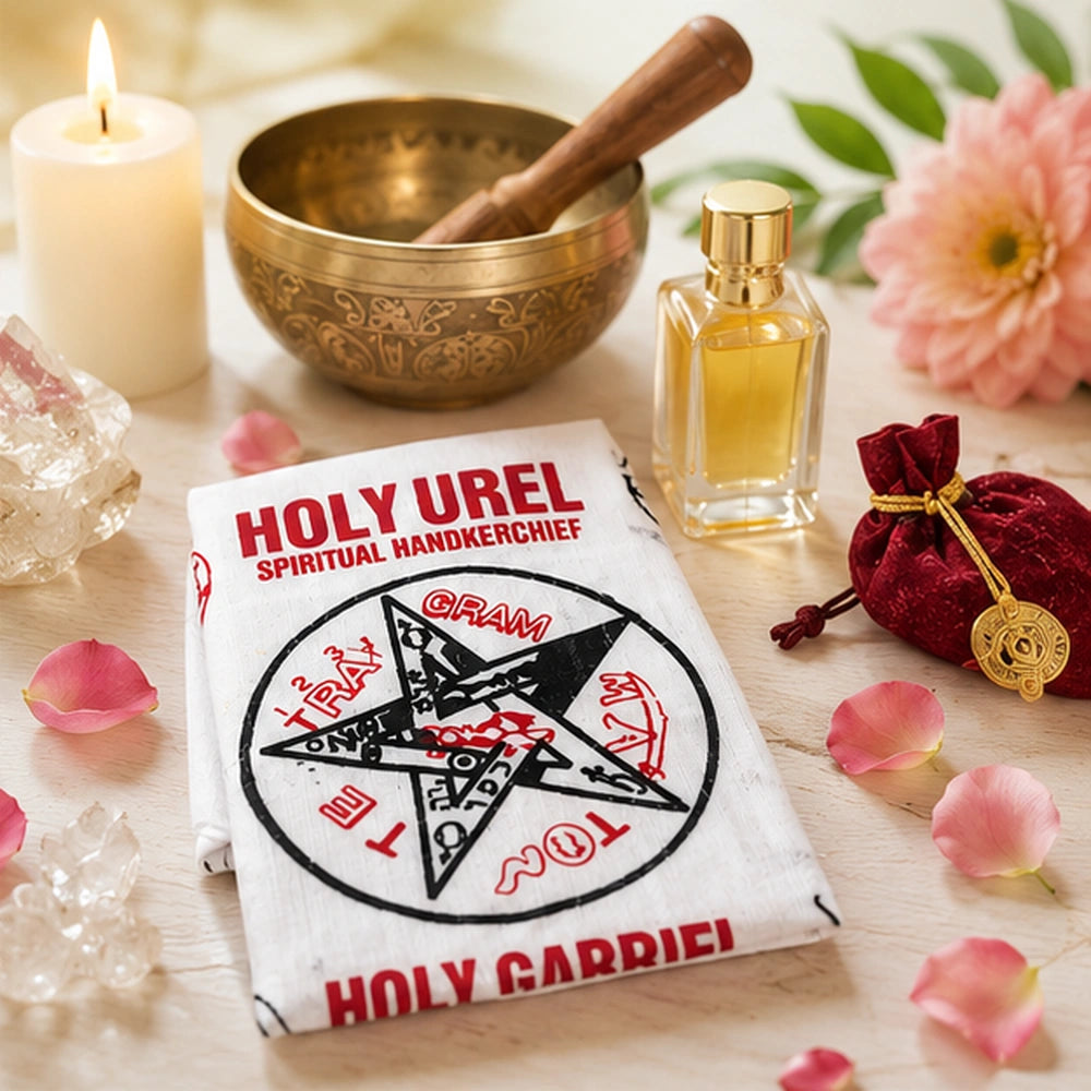 Tissu spirituel consacré posé dans une scène rituelle claire avec bougie, bol chantant, parfum et pétales.