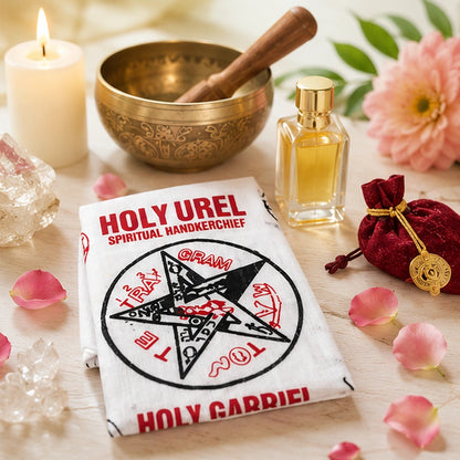 Tissu spirituel consacré posé dans une scène rituelle claire avec bougie, bol chantant, parfum et pétales.