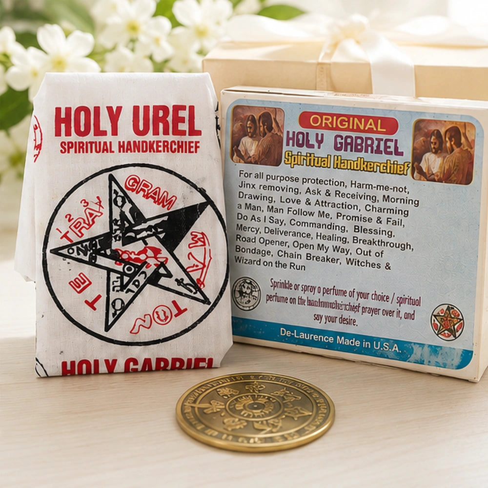 Tissu saint Gabriel et packaging avec fleurs et médaille dorée.